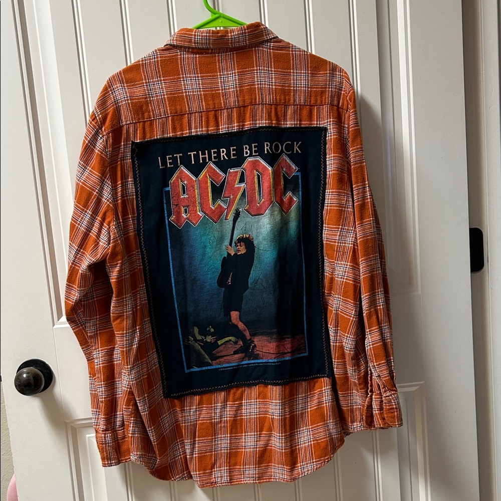 John Ashford upcycled Orange Plaid Button-Down Shirt— AC/DC on back
